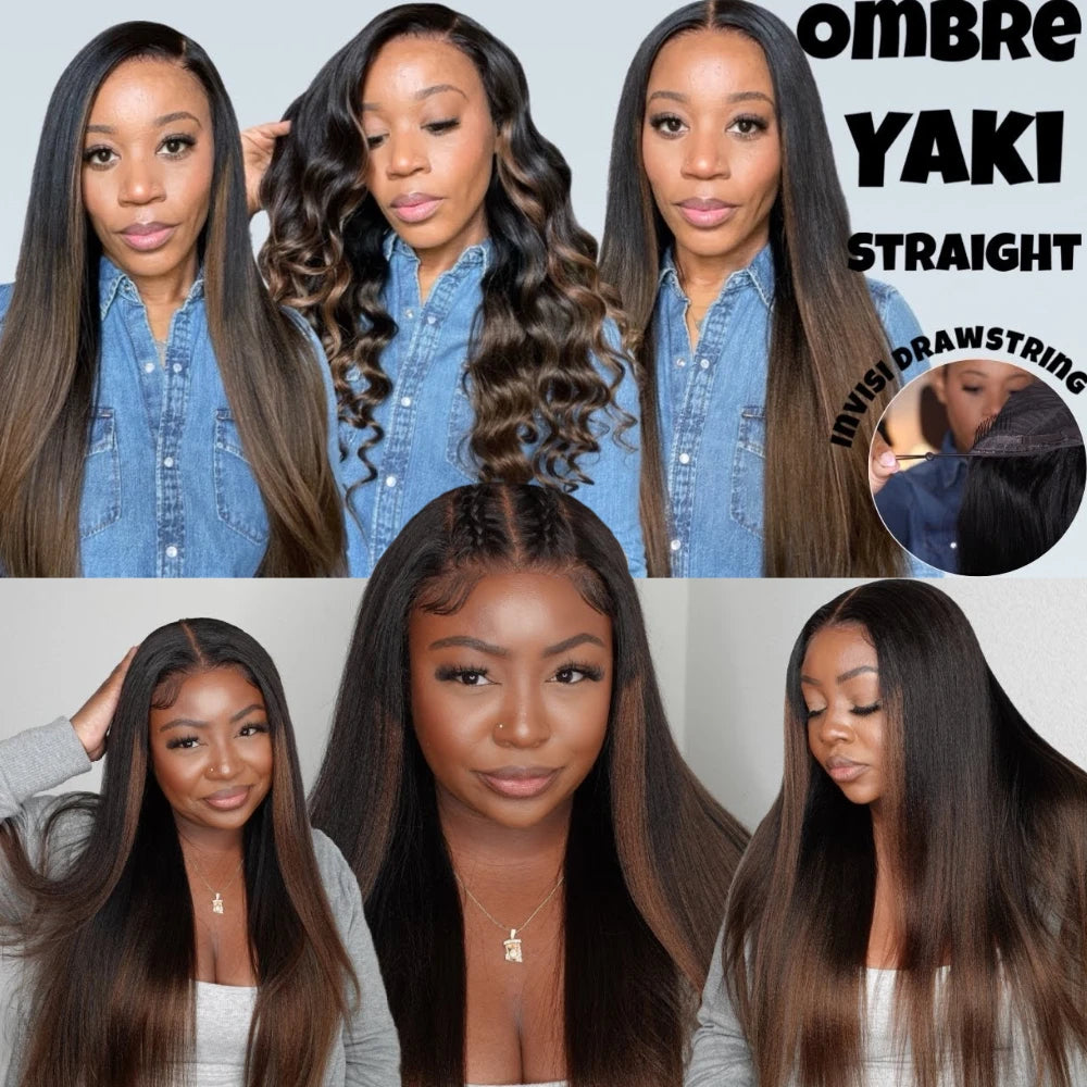 Yaki Straight Chestnut Brown Ombre 7x5 Lace Front Human Hair Wig