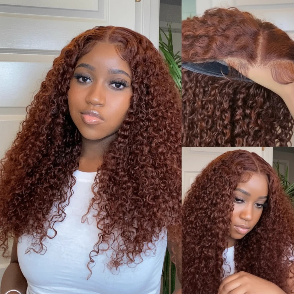 Bye-Bye Knots Reddish Brown Curly 7x5  Lace Front Human Hair Wig