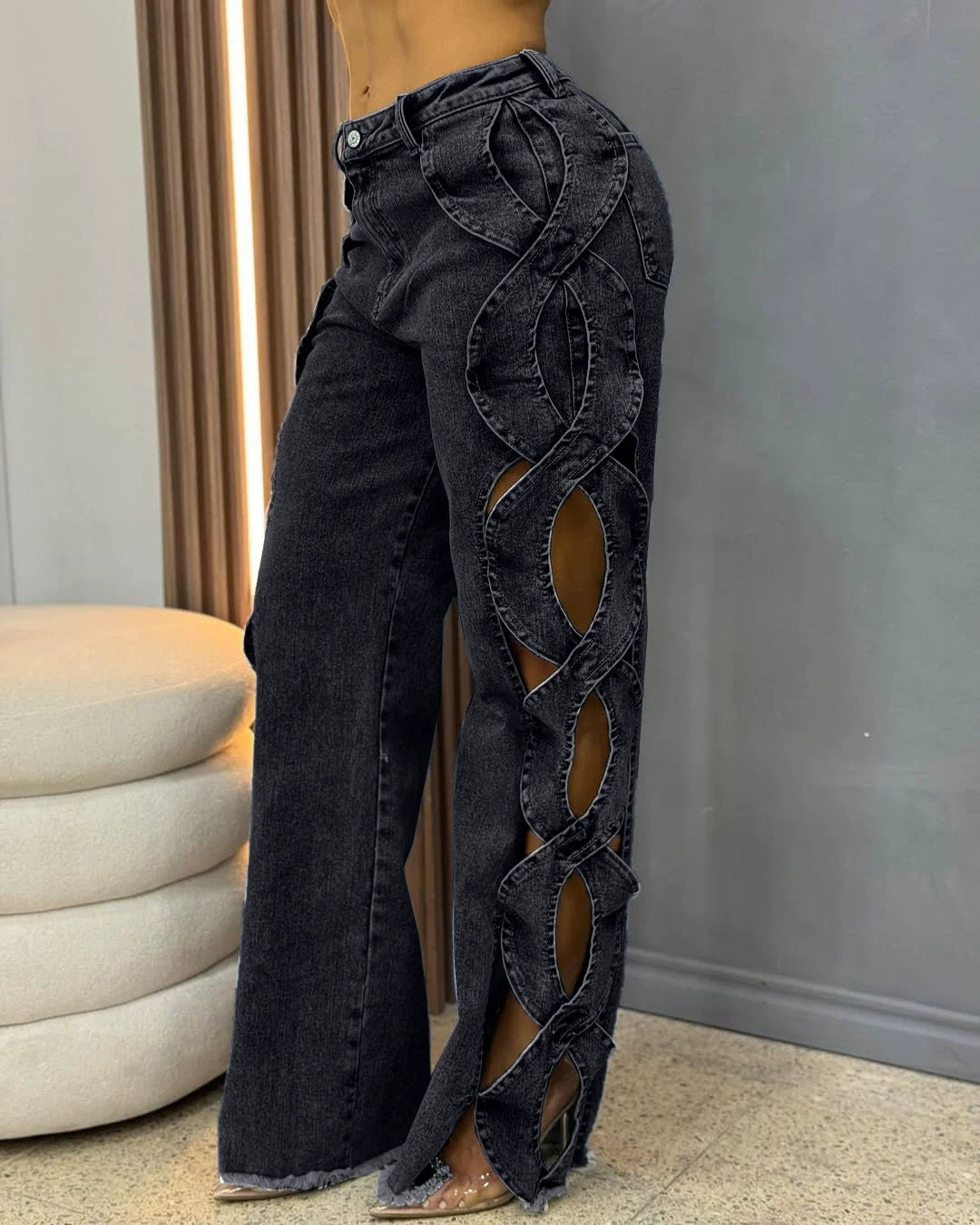 Women’s Hollow Out Criss Cross Side Wide Leg Jeans