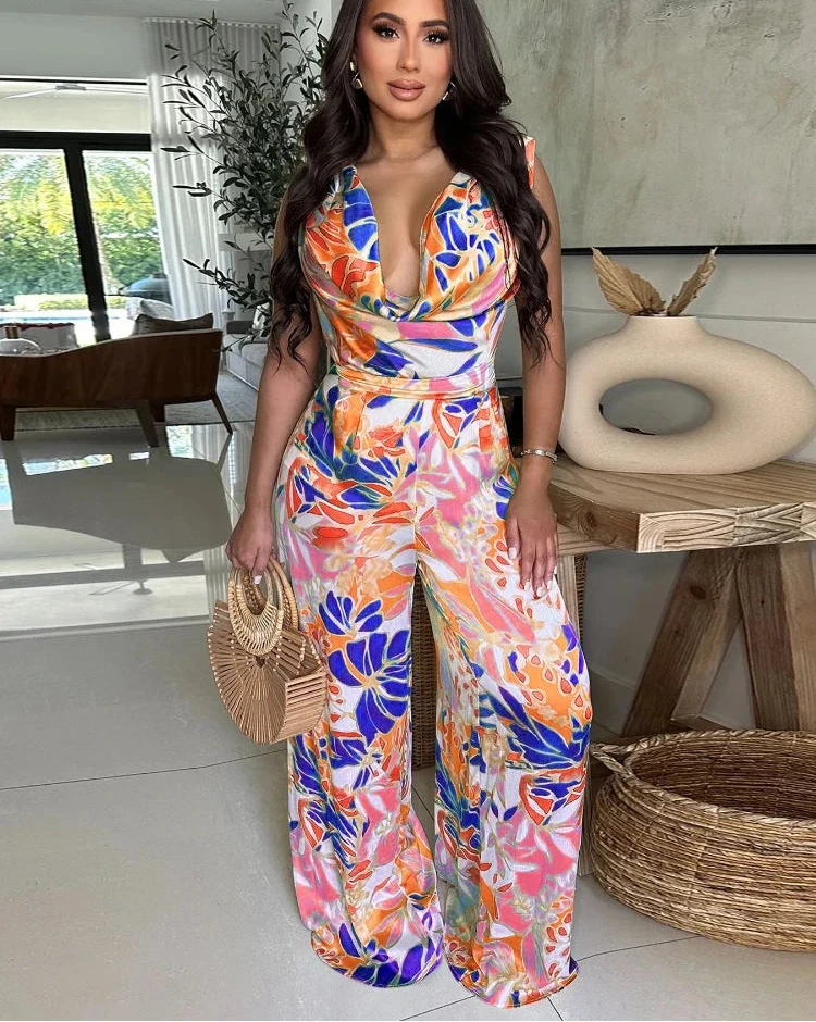 Women’s Leaf Printed Wide Leg Pile Neck Sleeveless Satin Jumpsuit