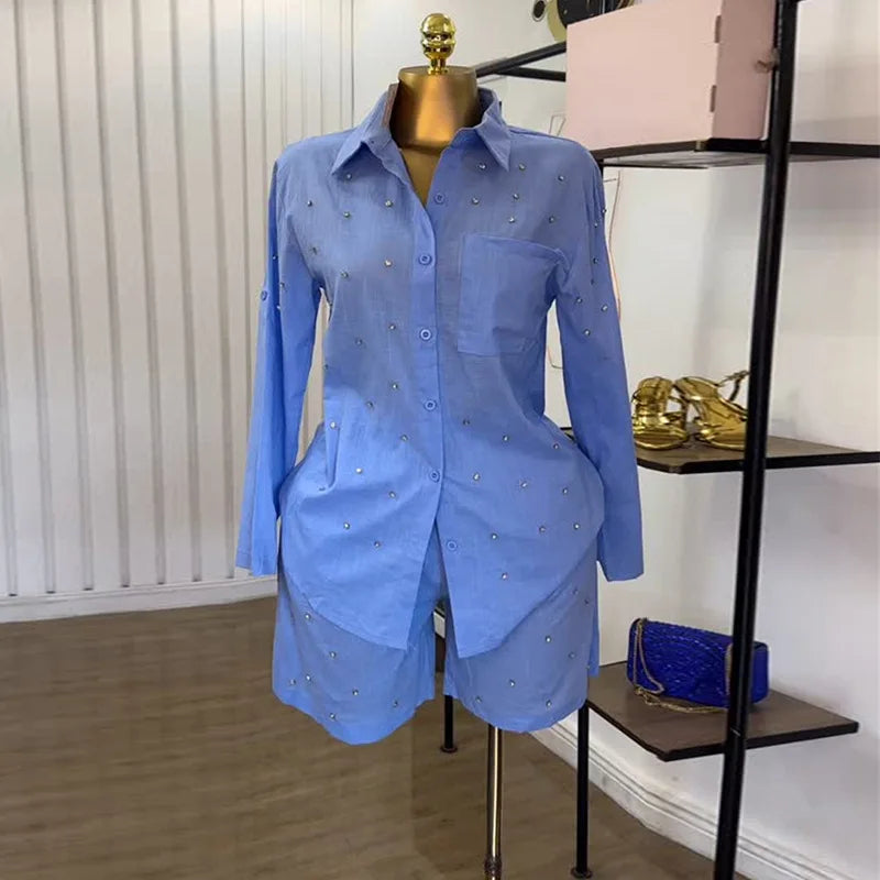 Beading Women's Long Sleeve Shirt Top and Shorts Set