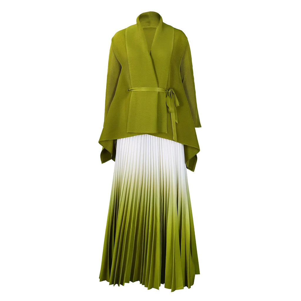 Gradient Women's Full Sleeve V-Neck Blouse with Beltt and Pleated Maxi Skirt Set