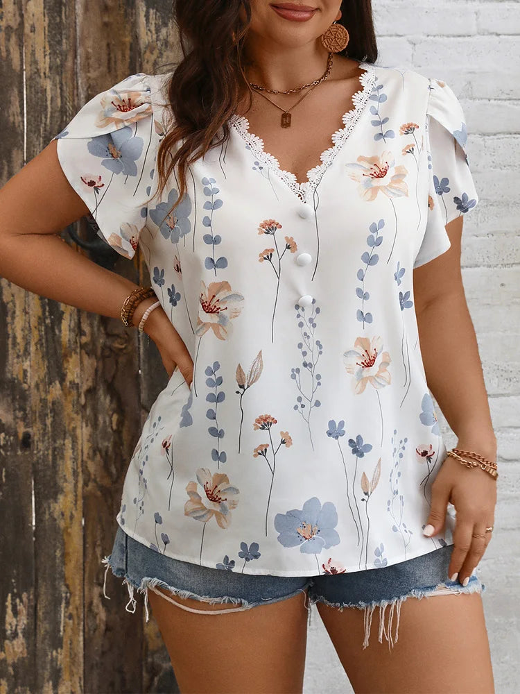 Plus Size V Neck Lace Petal Sleeve Vintage Floral Print Button Casual Blouse