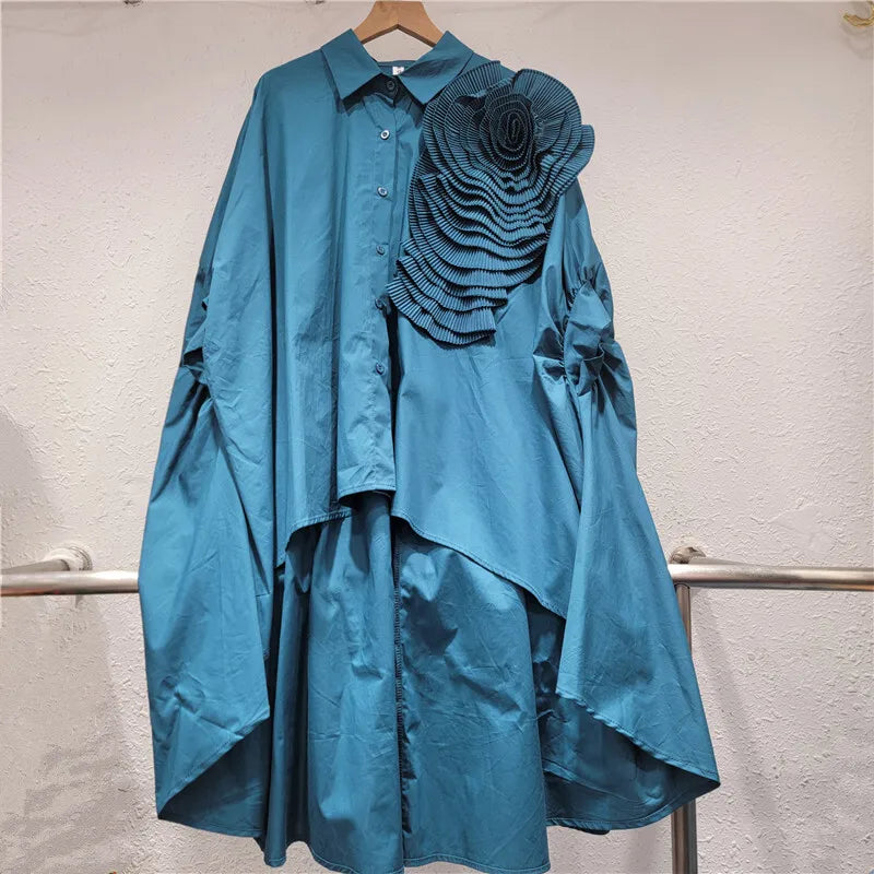 Women's Blouse Loose Irregular Solid Color Batwing Sleeve Flower Long Sleeve Casual Shirt