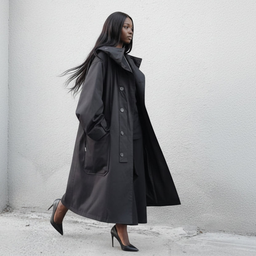 Long Oversized Black Trench Coat with Hood