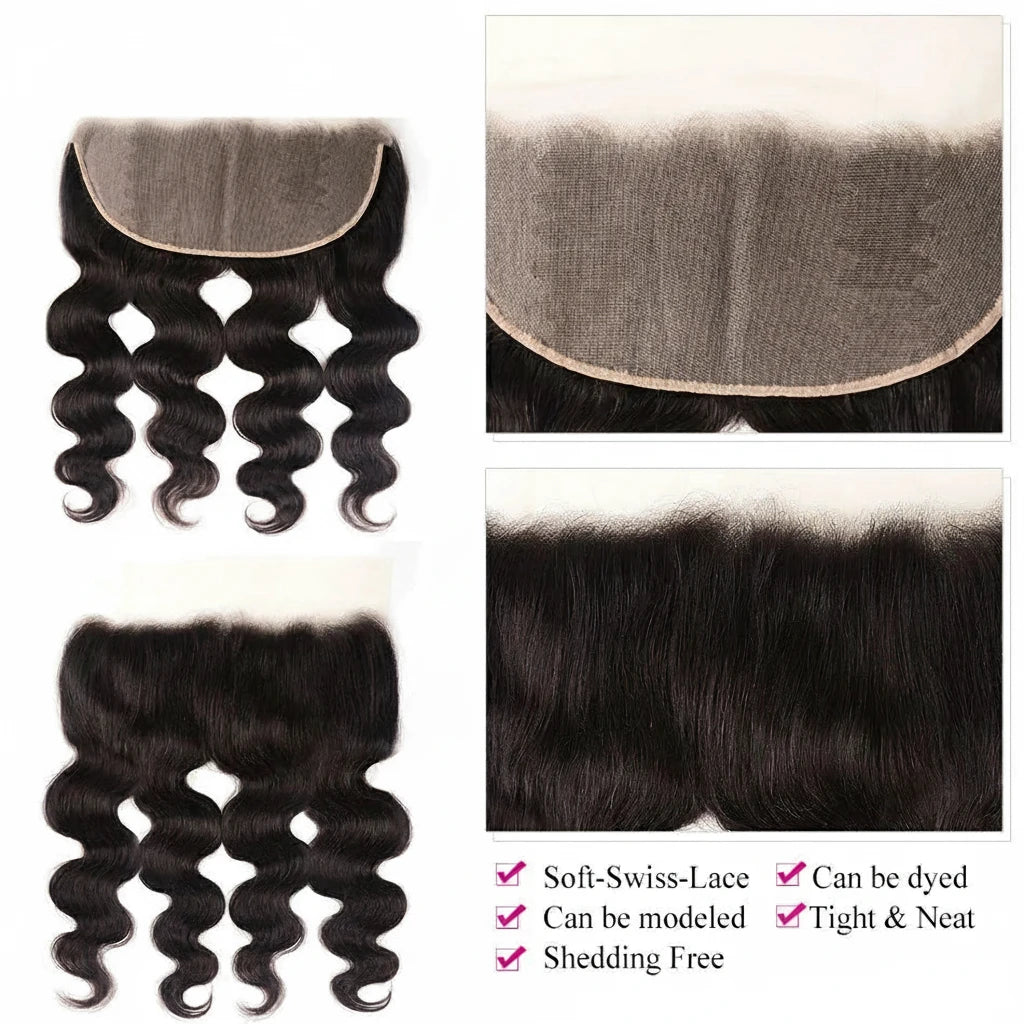 Brazilian Body Wave 3 Bundles w/ Lace Frontal Closure 13x4 Free Part 100% Human Hair Bundles with Frontal