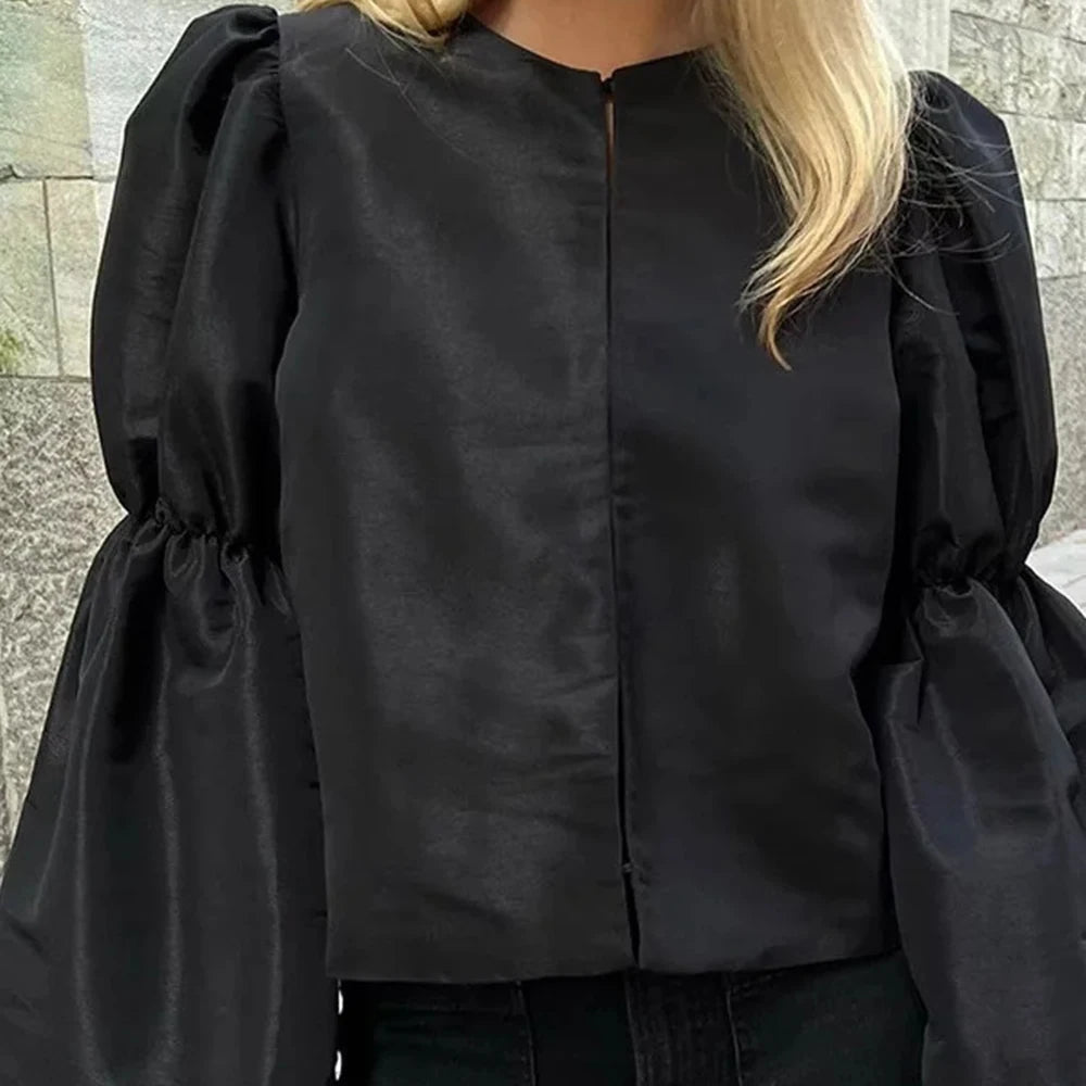 Women’s Solid Loose Minimalist O Neck Long Sleeve Spliced Zipper Blouse