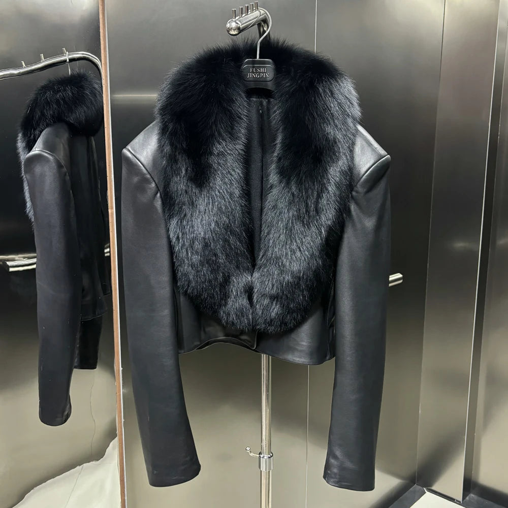 Leather Fur Blazer Broad Shoulder Design