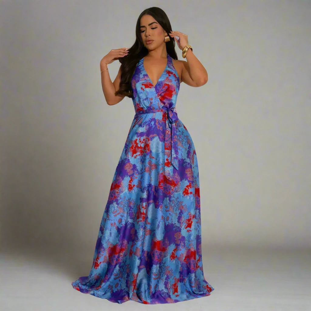 Printed Women’s Halter V-neck Backless Wide Leg Maxi Dress