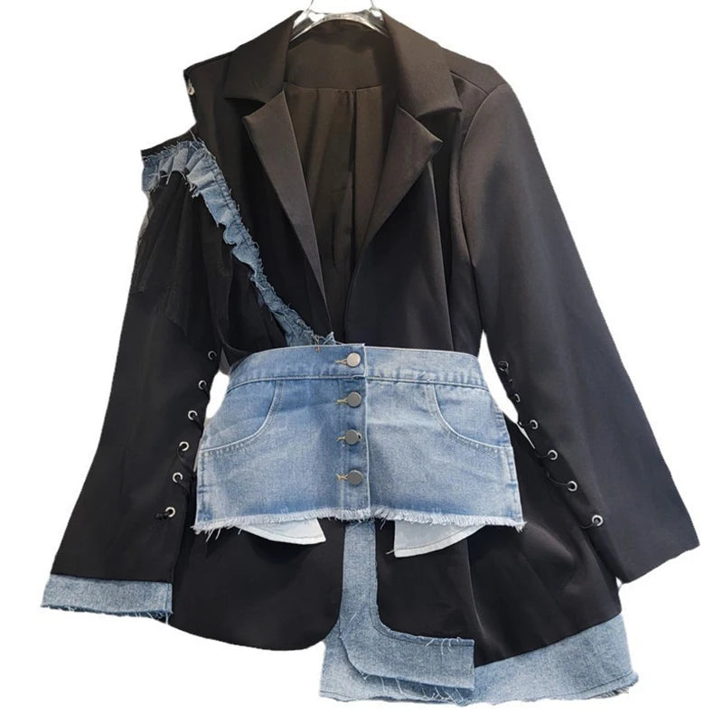 Women's Denim Patchwork Off-shoulder Single Breasted Belt Waisted Suit Jacket