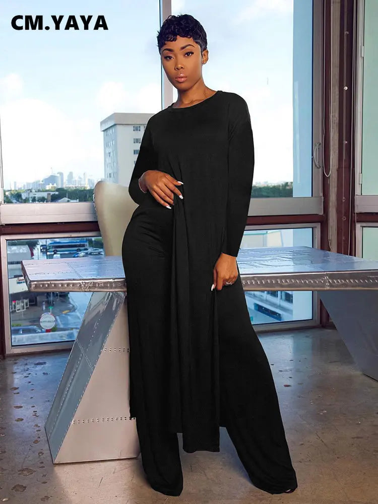 Women's Long Sleeve High Slit X-long Tee Top & Straight Pant Suit