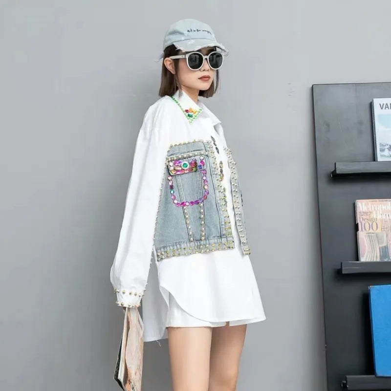 Women's Shirt Colored Diamond Beading Rivet Patchwork Denim Blouse