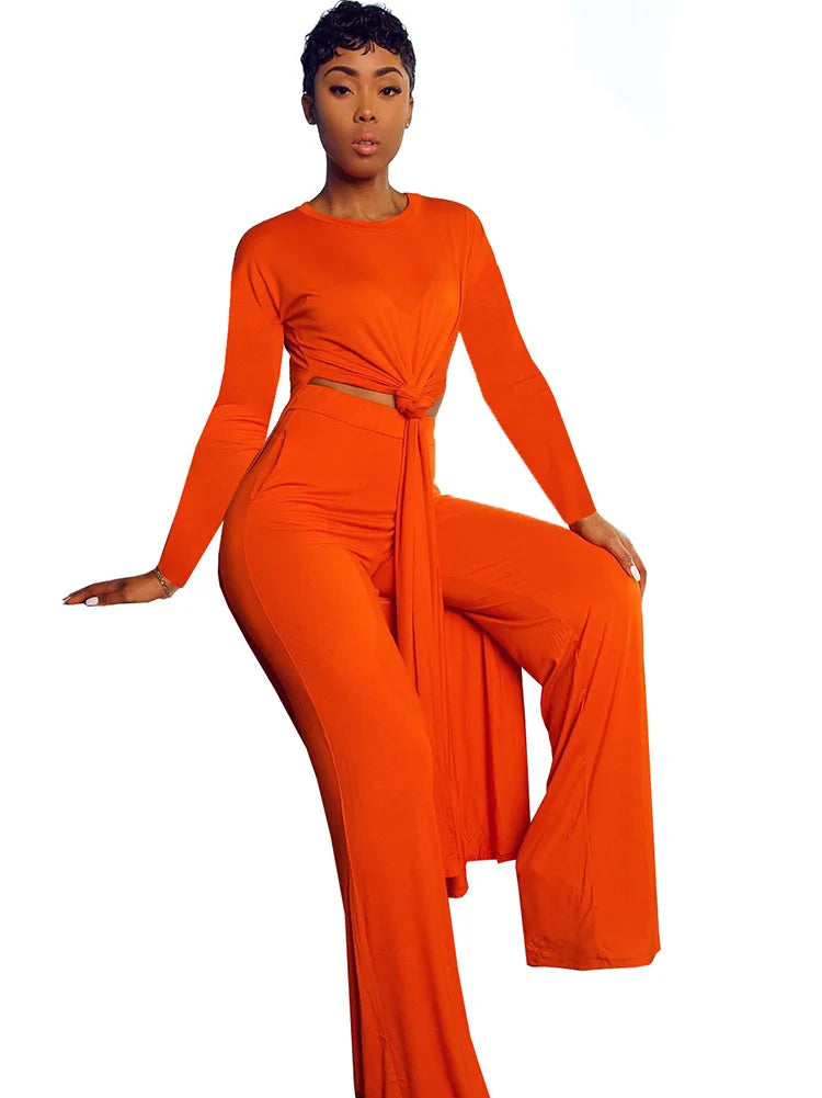 Women's Long Sleeve High Slit X-long Tee Top & Straight Pant Suit