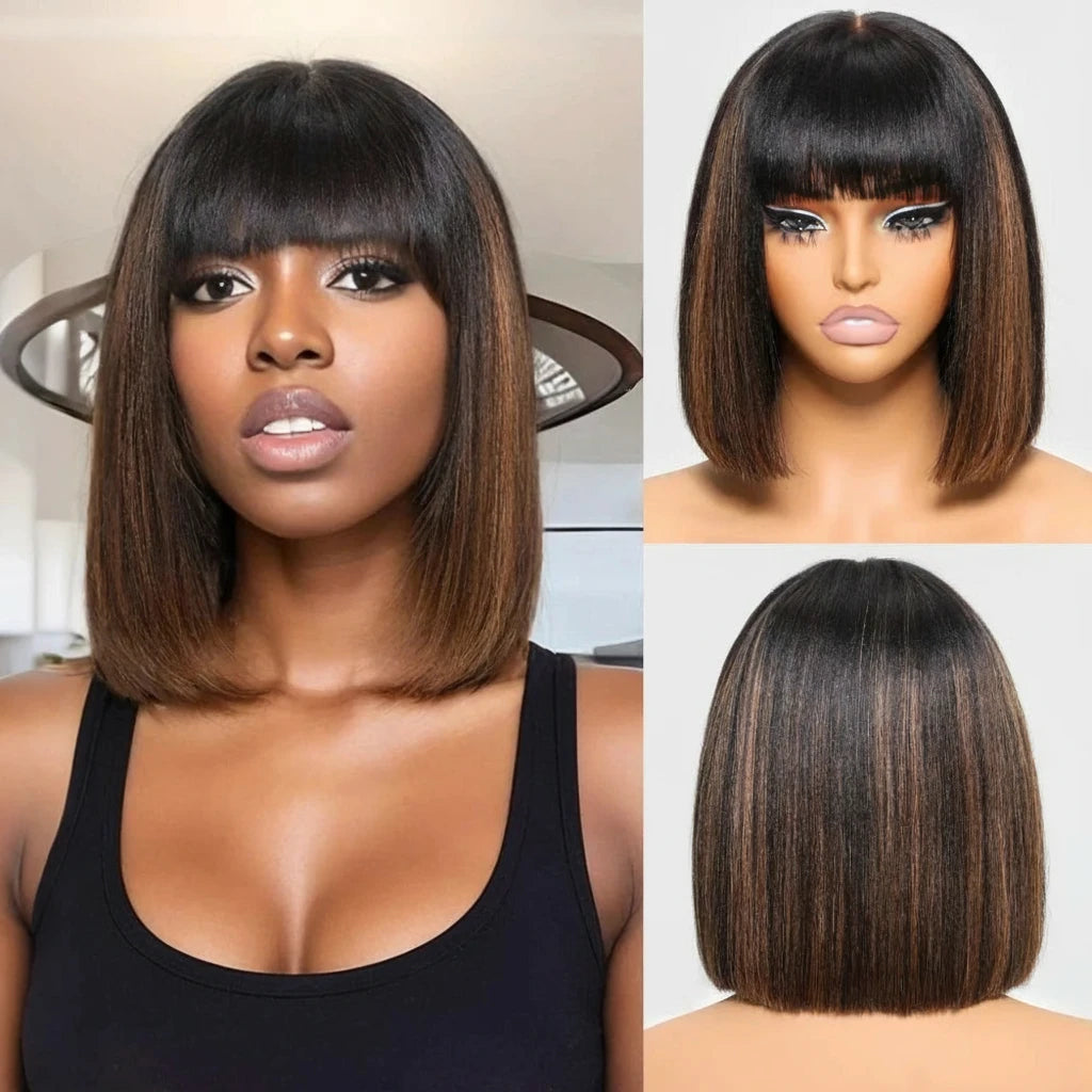 Balayage Highlight Yaki Straight Bob Wig With Bangs Scalp Middle Part 4x2 Lace 100% Human Hair Short Bob Wigs