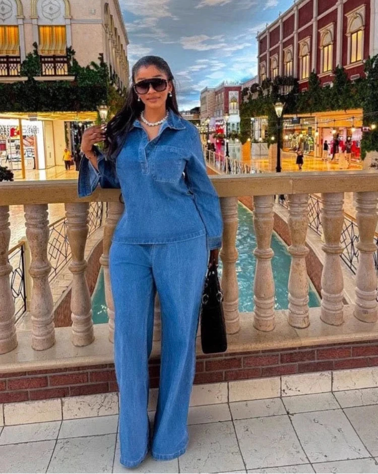 Women's Long Sleeve Washed Denim Top & Wide Leg Pants Set