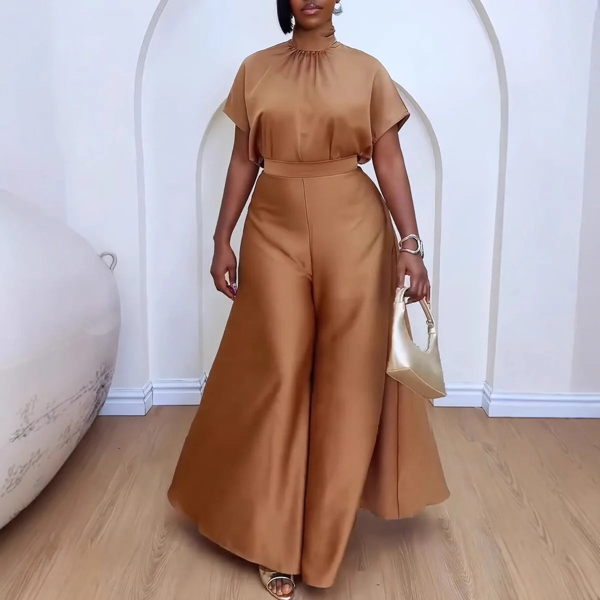 Satin Short Sleeve Turtleneck Top & Wide Leg Pants