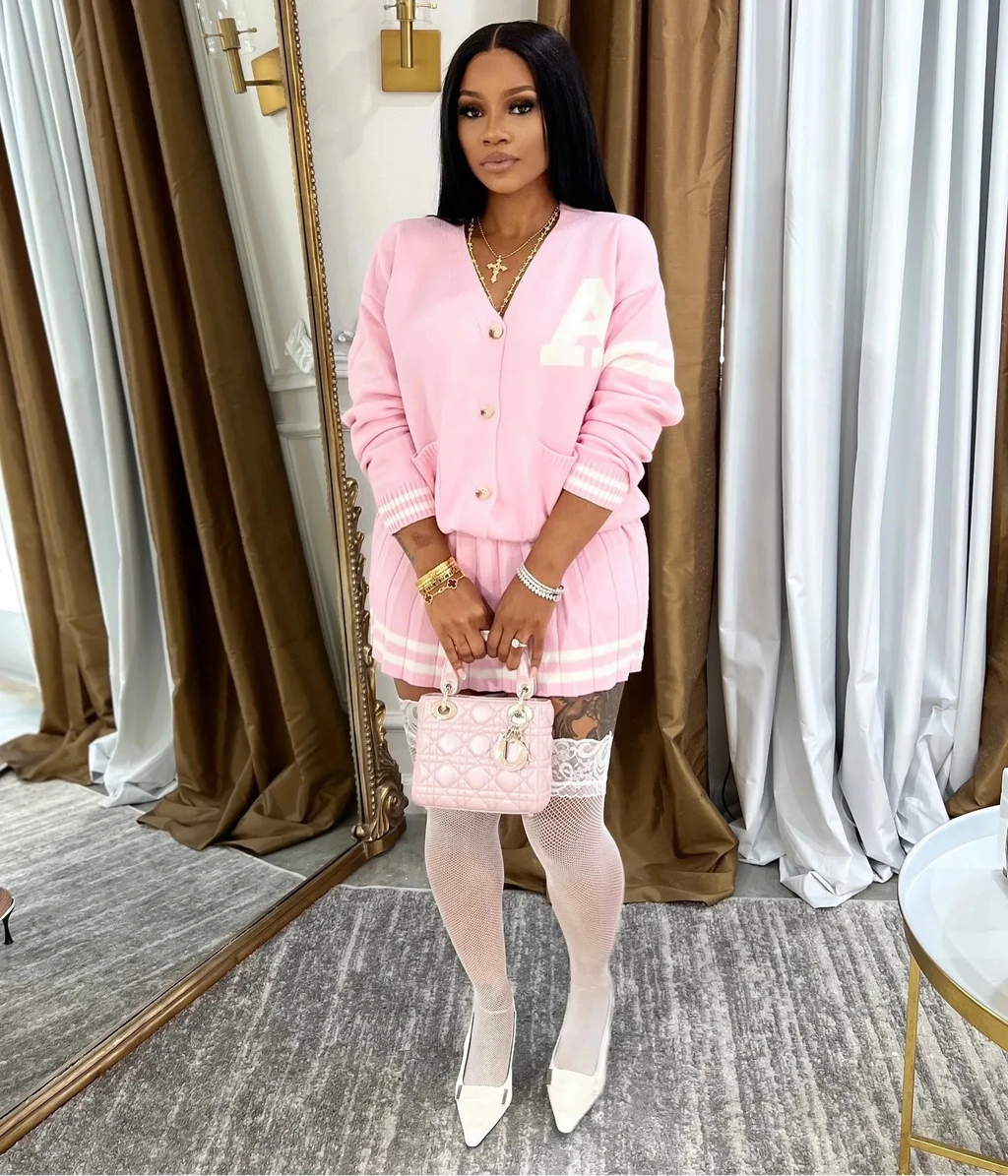 Women's Long Sleeve Knitted Letter Sweater and Pleated Skirt Set