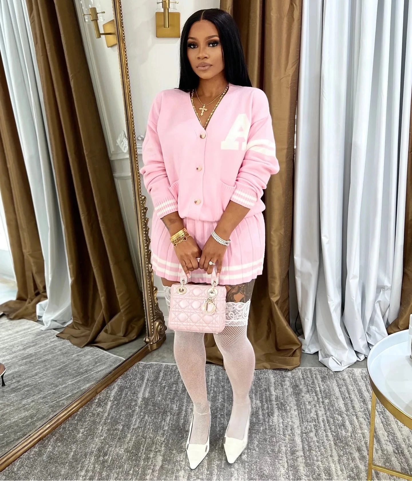 Women's Long Sleeve Knitted Letter Sweater and Pleated Skirt Set