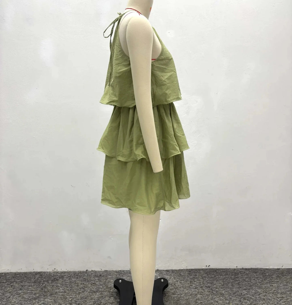 Women’s Sleeveless Pleated Ruffles Strap Tiered Dress