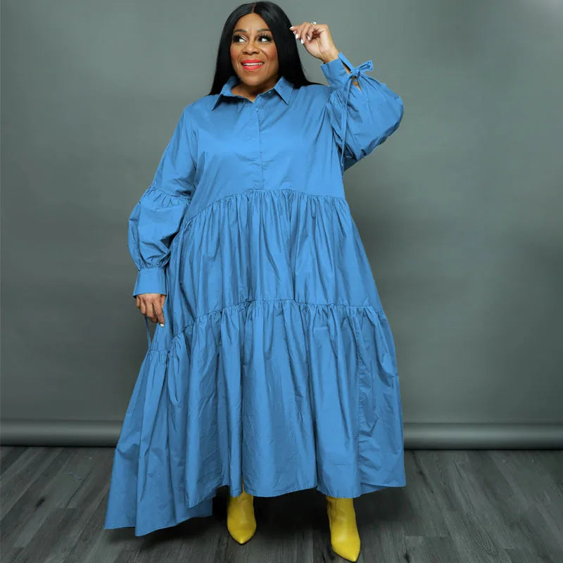 Plus Size Women’s Lapel Collar Long Sleeve Single Breasted Asymmetrical Smock Maxi Dress