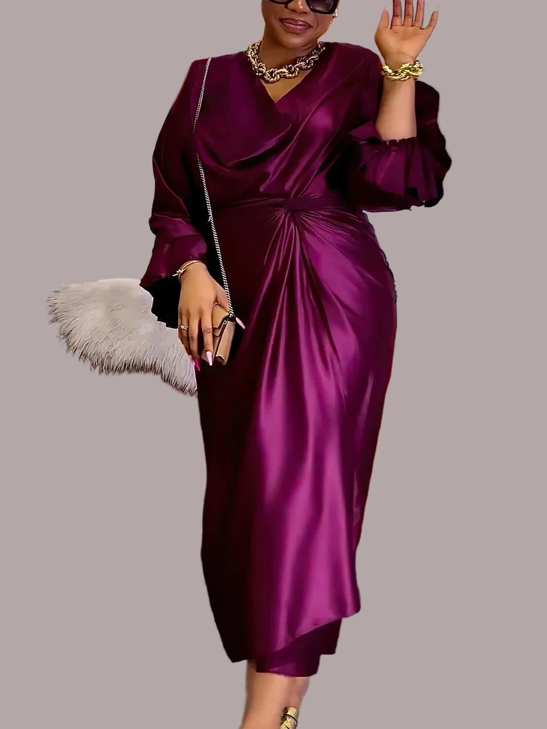 Women's Satin Flare Long Sleeve Pile Collar and Draped Waist Dress