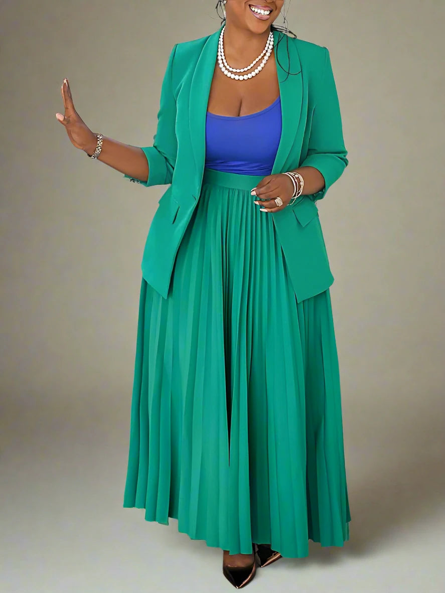 Plus Size Women's Full Sleeve Blazer and Pleated Maxi Skirt