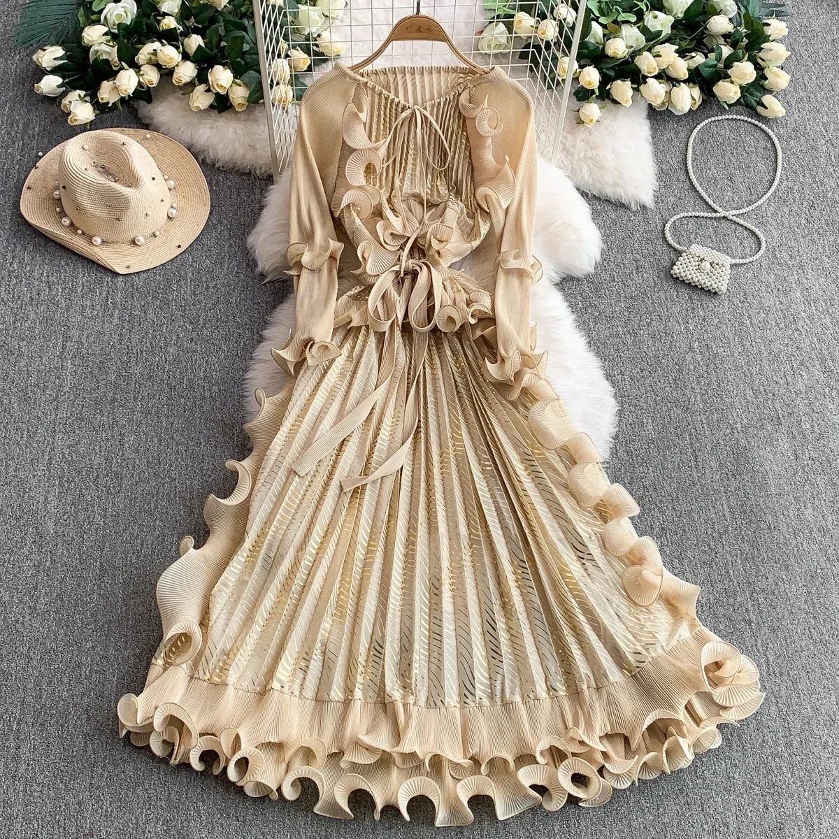 Crew Neck Dress Lotus Leaf Edge Long Waist Pleated Dress