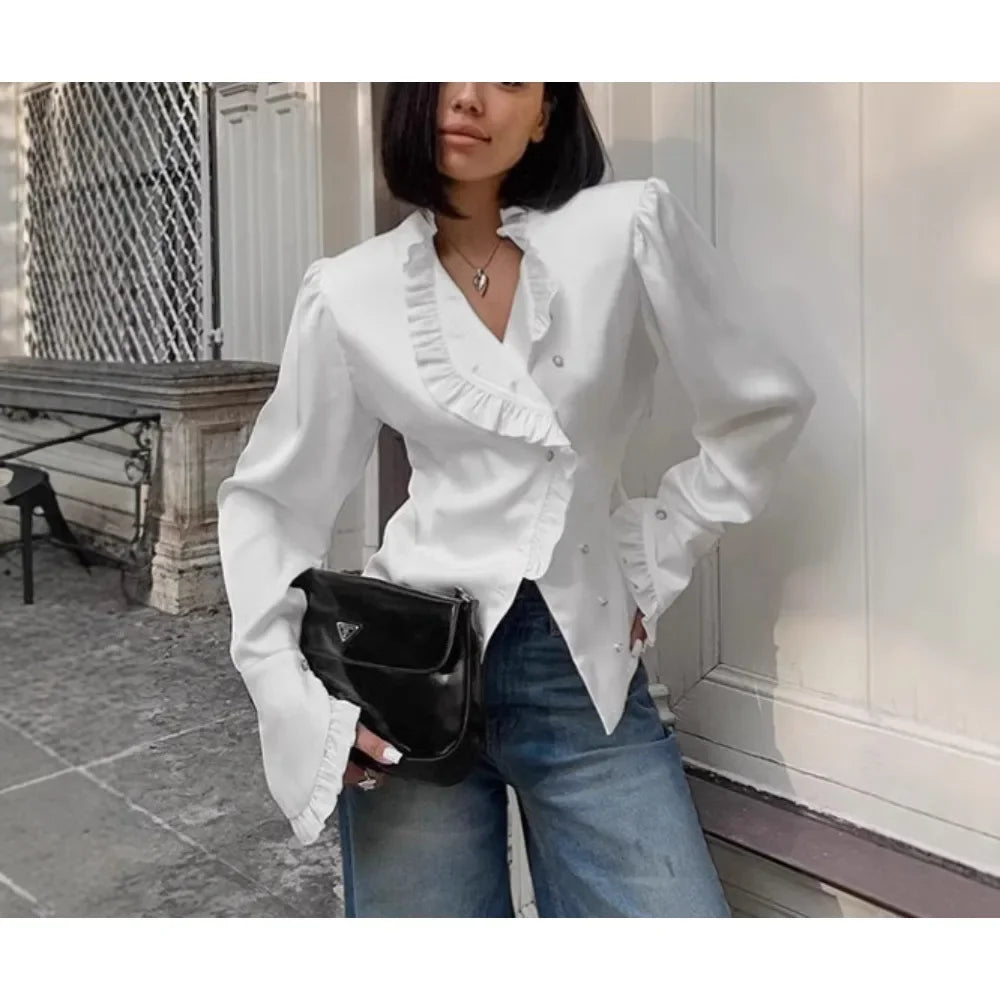 Solid Spliced Button Blouses for Women Lapel Long Sleeve Tunic