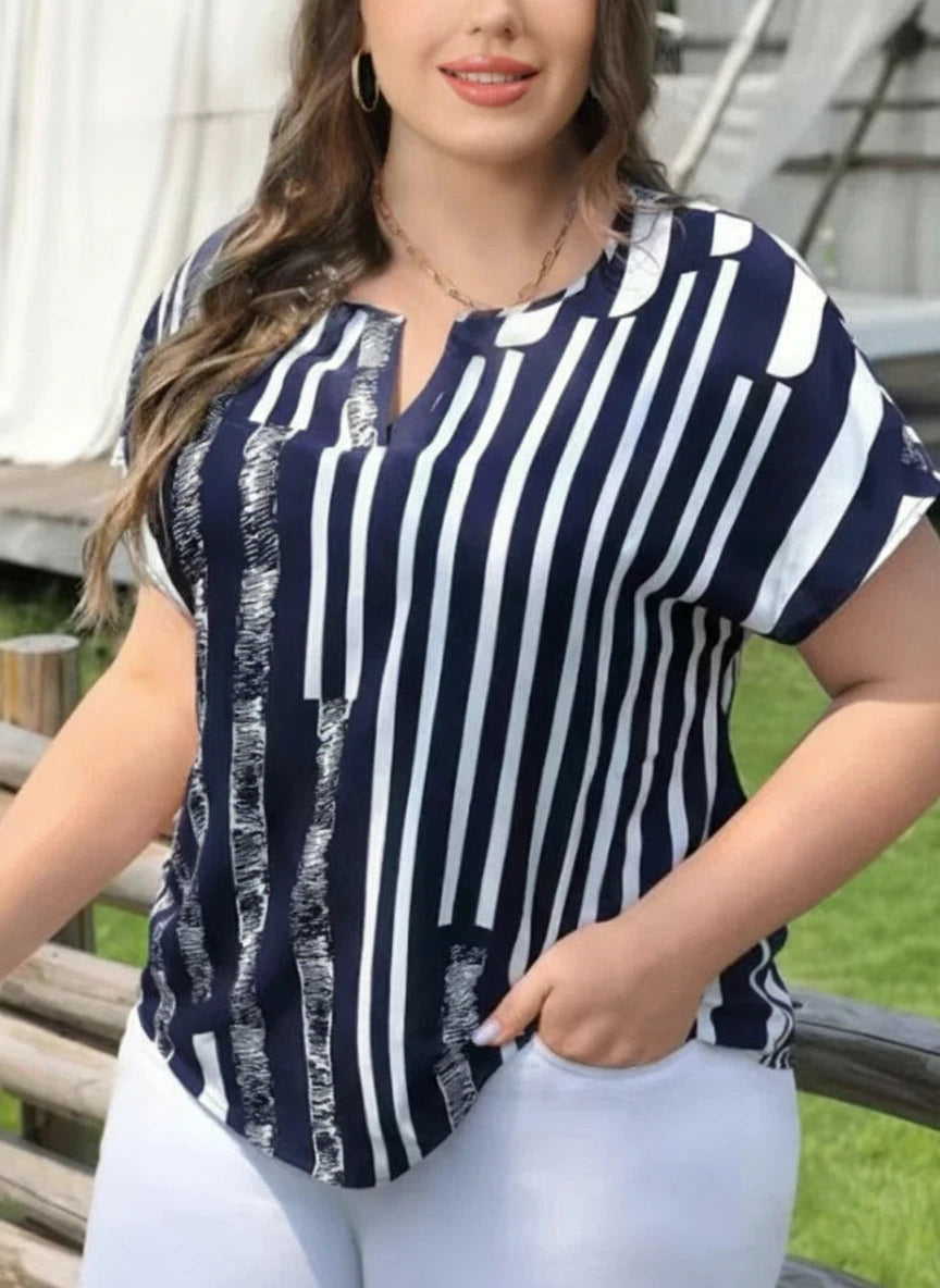 Plus Size Striped Notch Neck Raglan Sleeve Casual Blouse