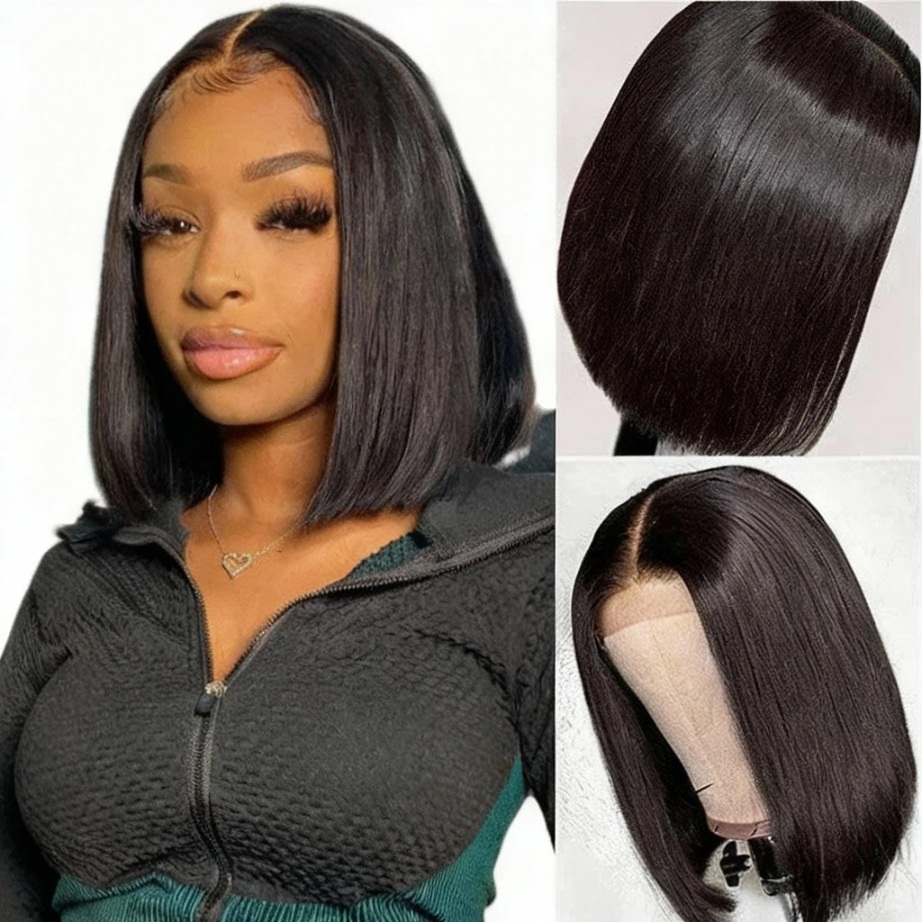 13x4 Lace Front Human Hair Blunt Cut Bob Wig, 4x4 Lace Closure Wig Short Bob Wig