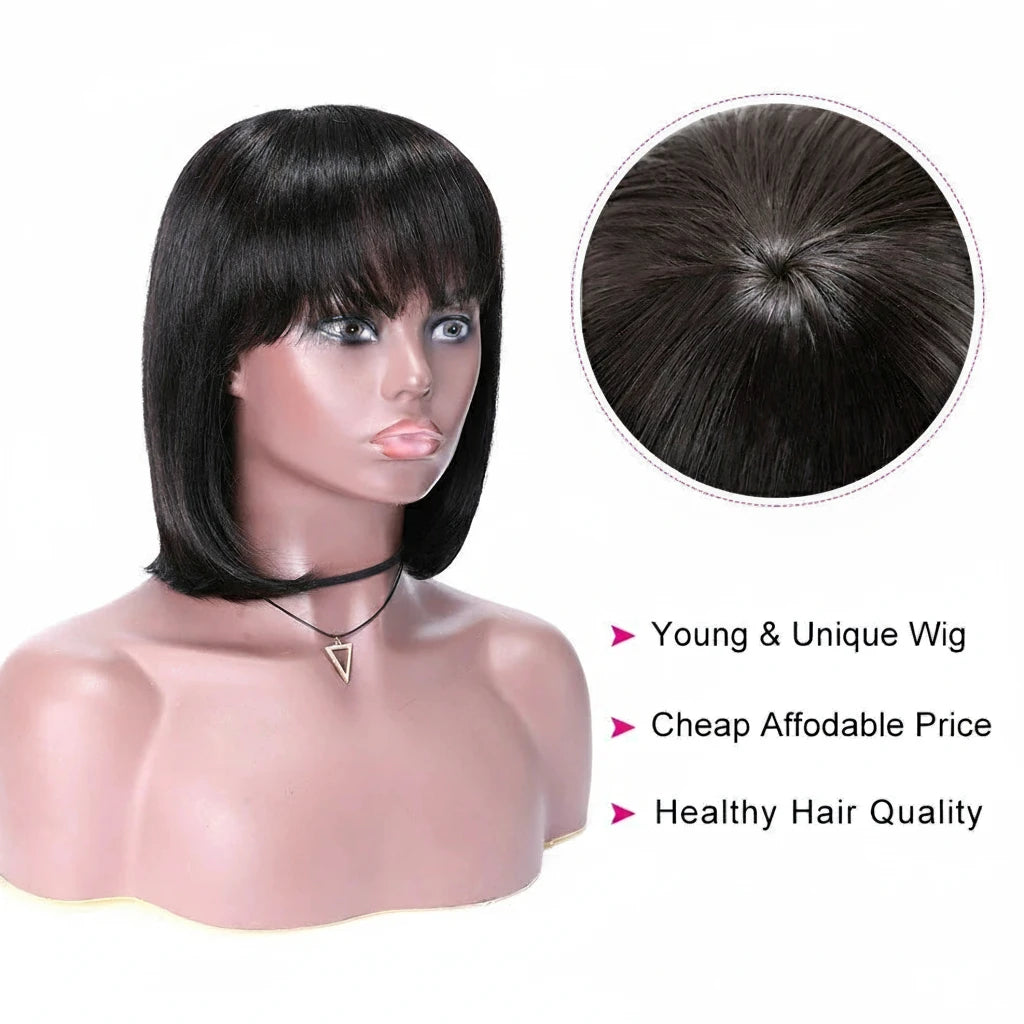Straight Bob Wig With Bangs 100% Human Hair Blunt Cut Brazilian Hair
