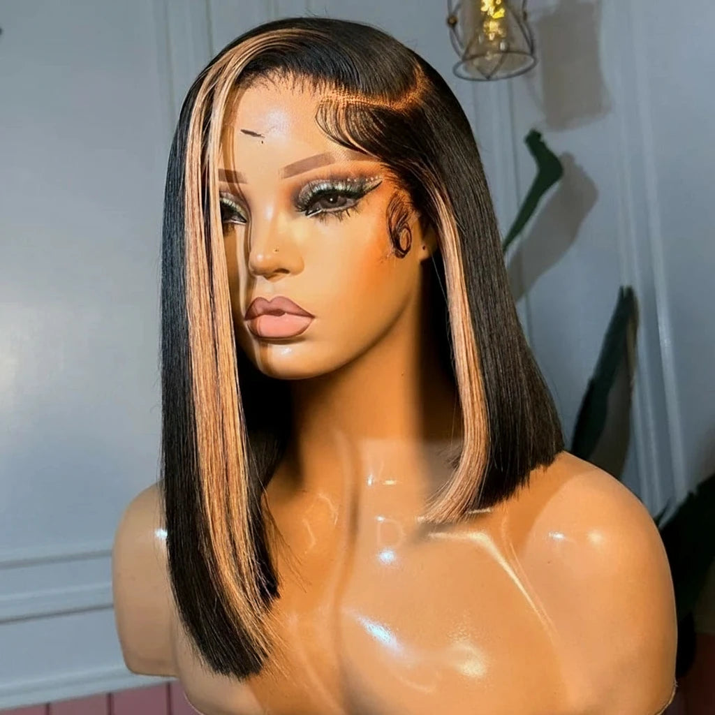 12A Short Bob Highlight Two Rolls Of Blonde Straight 180 Density 13x4 Bob Lace Frontal Human Hair Wig Wig