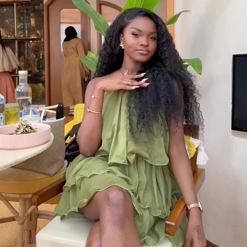 Women’s Sleeveless Pleated Ruffles Strap Tiered Dress