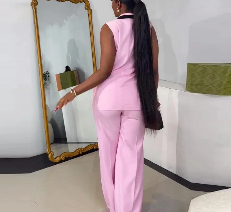 Women's Striped Patchwork Sleeveless Tank Blazer Top and Wide Leg Pants Set