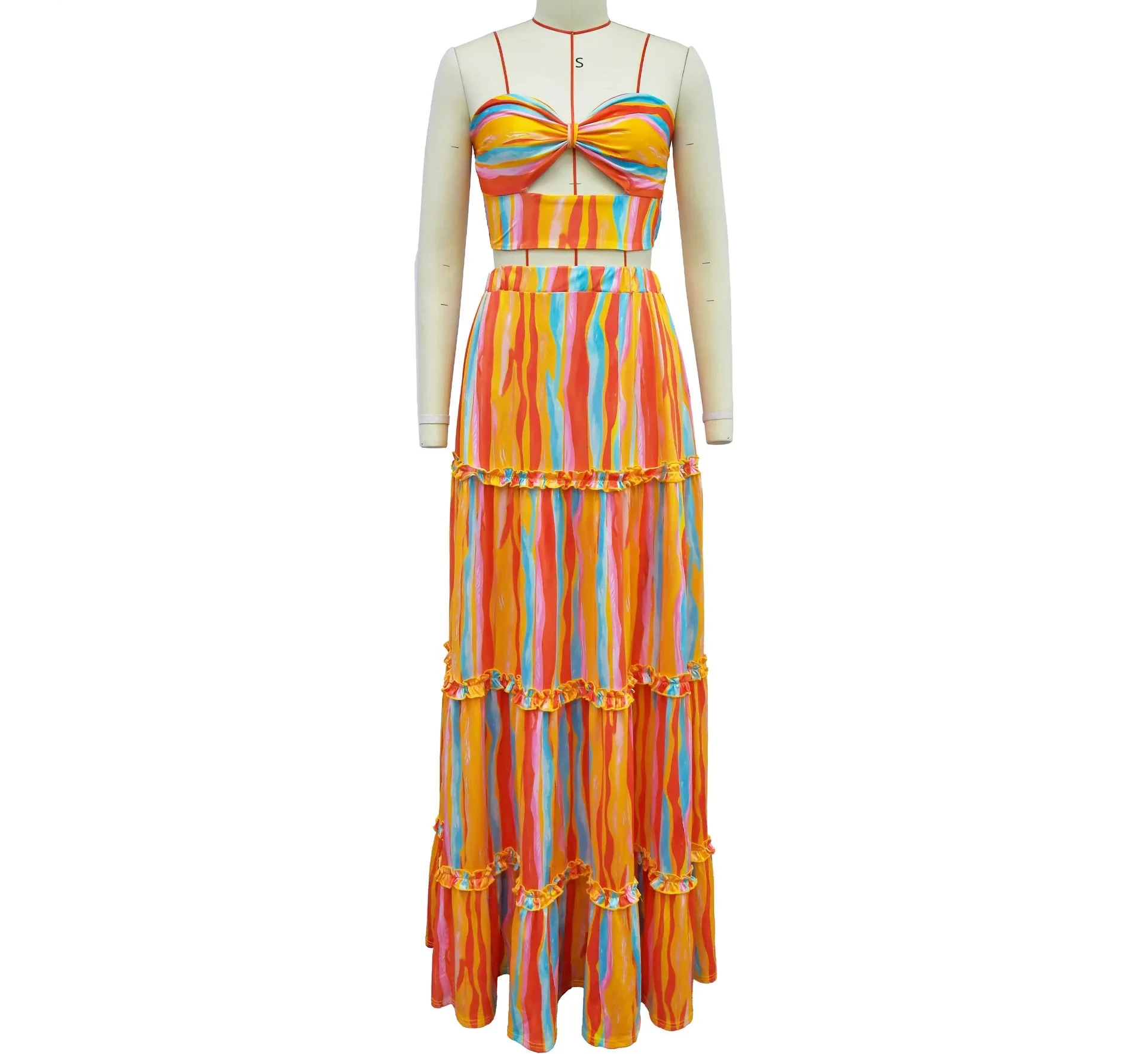 Women’s Colorful Striped Tiered Maxi Skirt and Cutout Strapless Crop Top Set