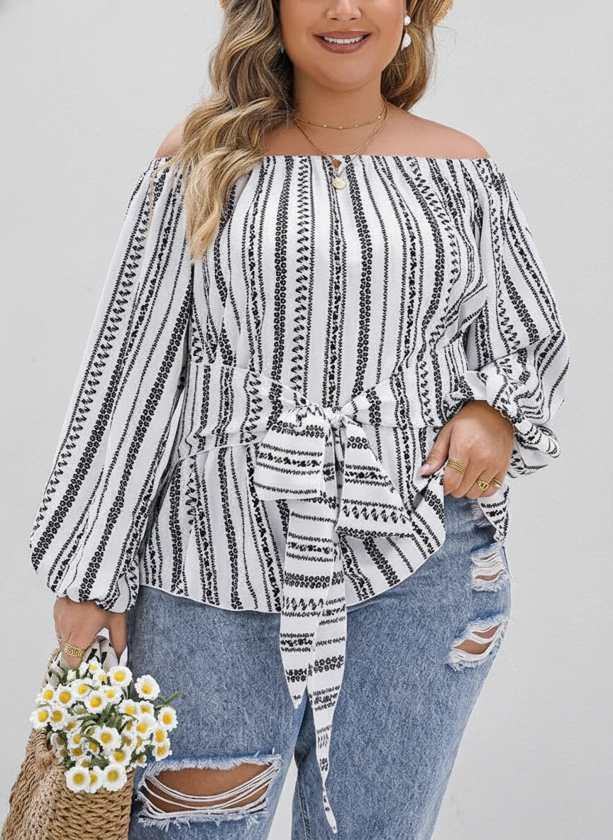 Plus Size Boho Off Shoulder Casual Long Sleeve Tie Front Ethnic Print Blouse