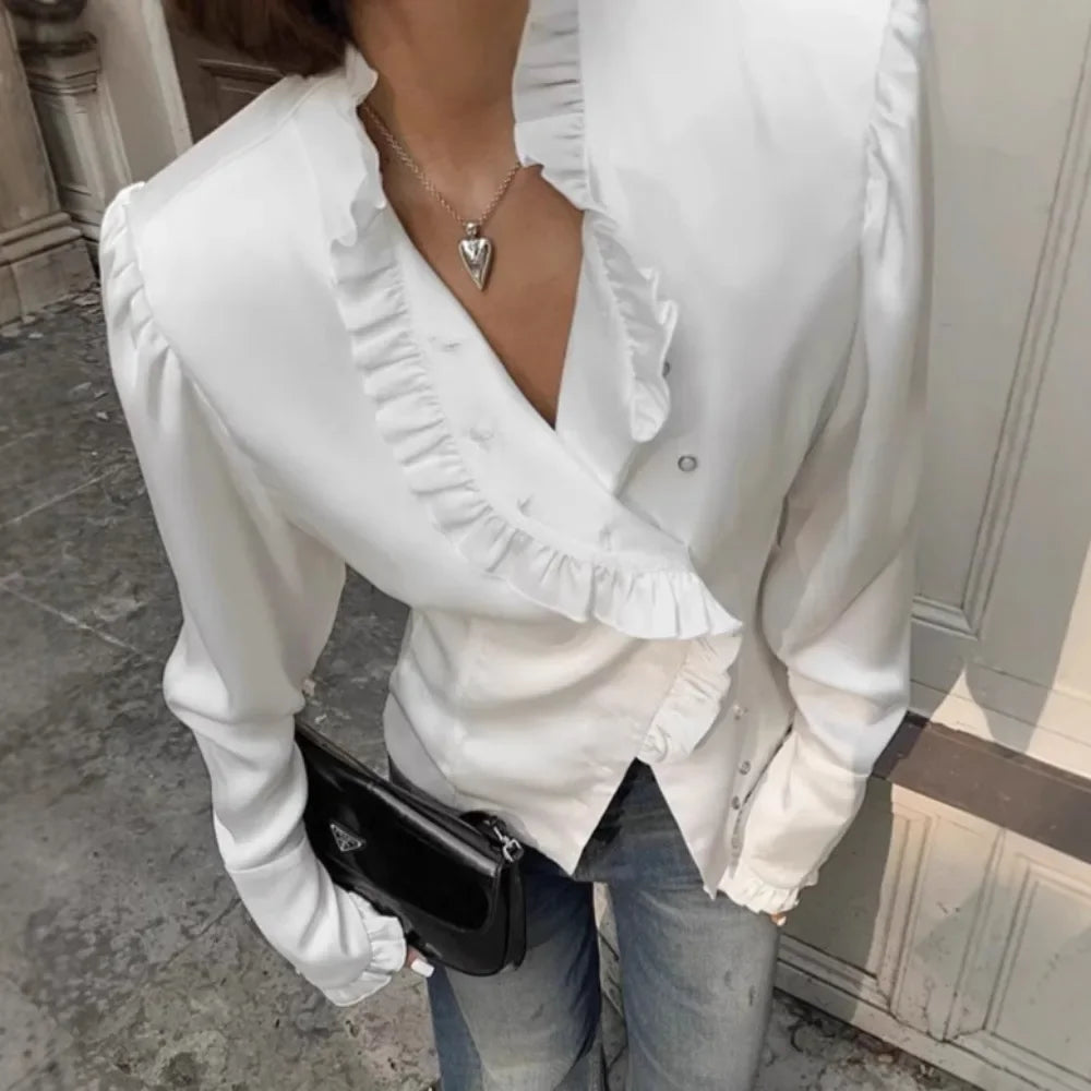 Solid Spliced Button Blouses for Women Lapel Long Sleeve Tunic