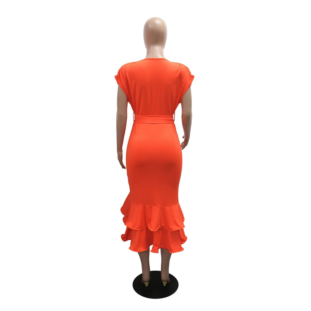 Women’s Wrap V-neck Ruched Batwing Short Sleeve Ruffles Side Split Irregular Maxi Dress