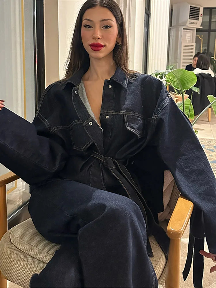 Women’s Denim Jacket With Lapel Belt and Wide Leg Jeans