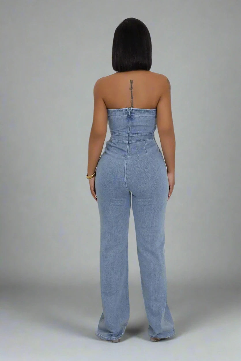 Women’s Sleeveless Button Straight Denim Strapless Jumpsuit