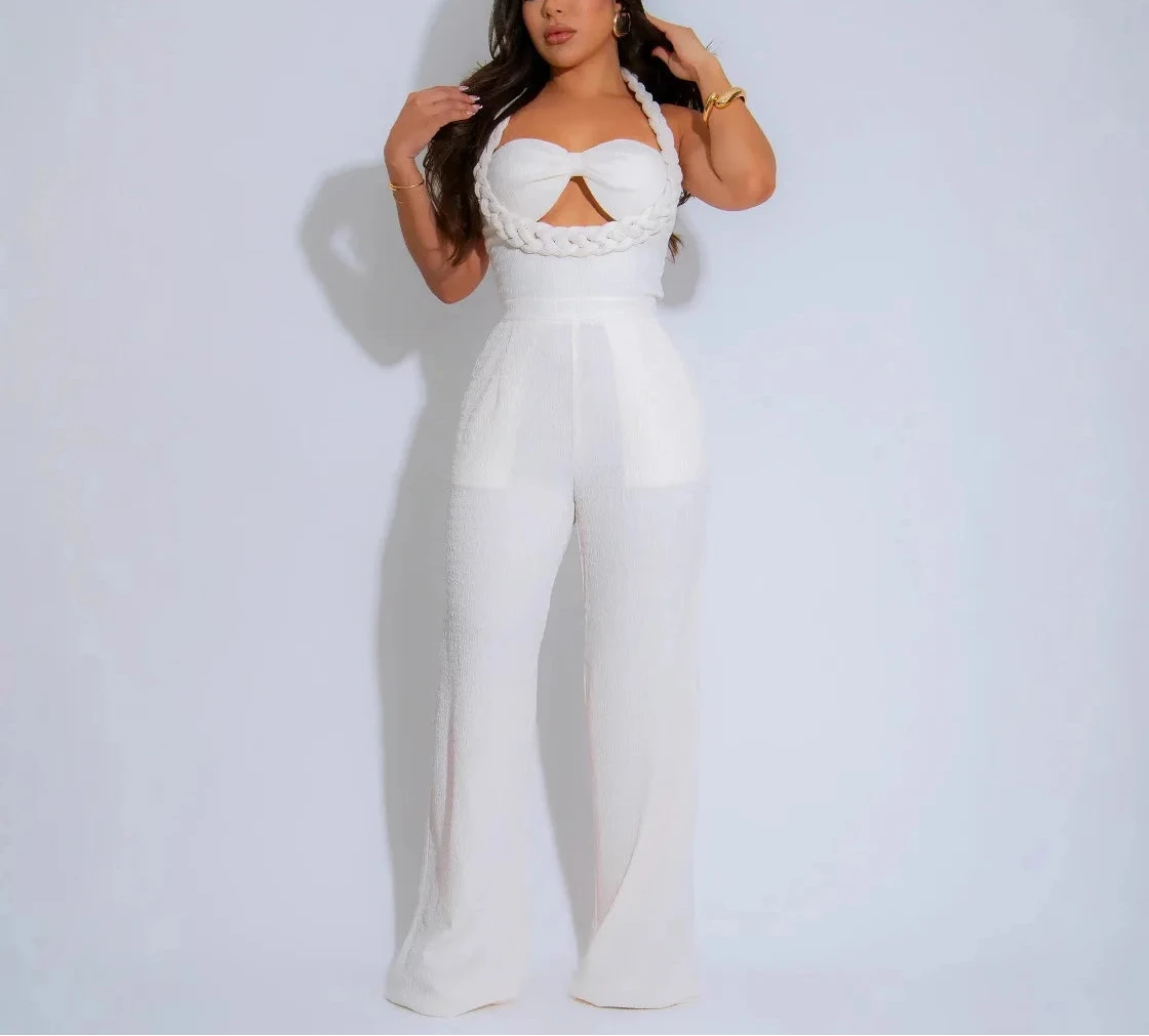 Women’s Weave Halter Neck Backless Wide Leg Jumpsuit