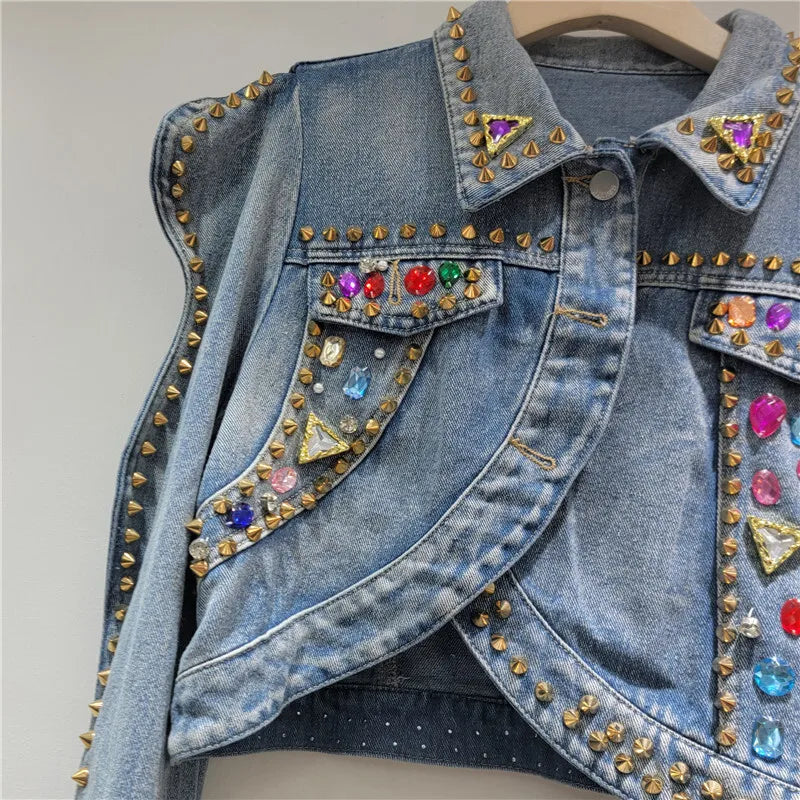 Women's Denim Coat Puff Sleeve Rivets Colorful Crystal Single Breasted Irregular Jacket