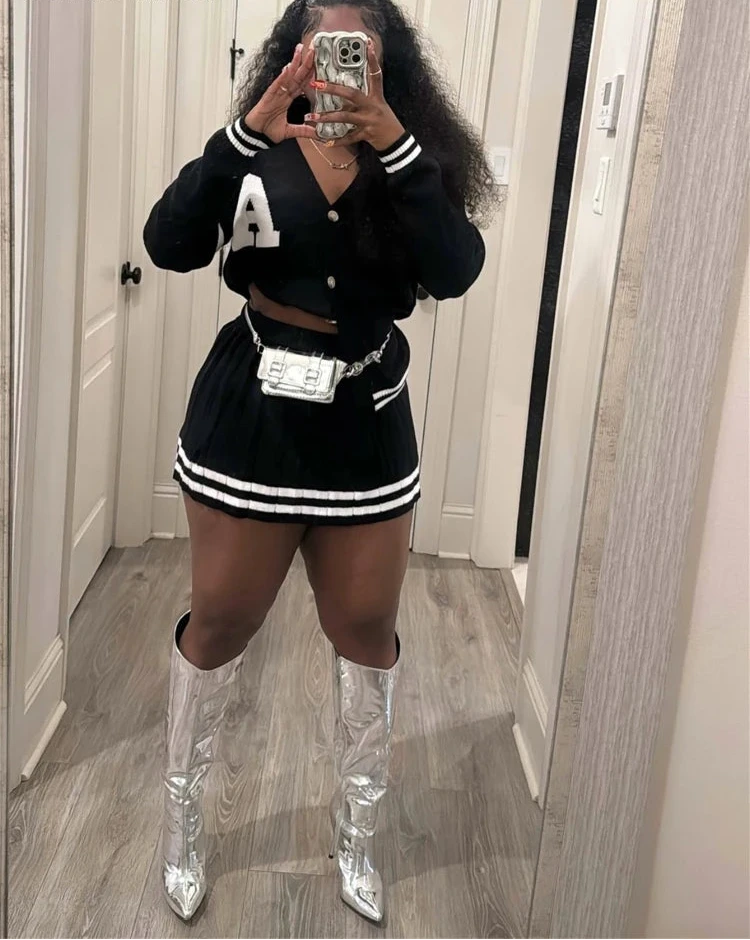 Women's Long Sleeve Knitted Letter Sweater and Pleated Skirt Set