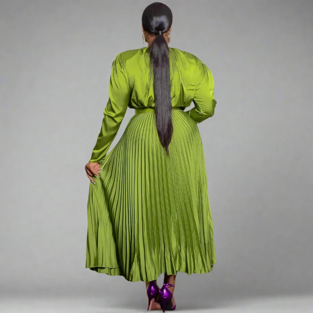 Women's Long Sleeve V-neck Blouse and Pleated Maxi Skirt