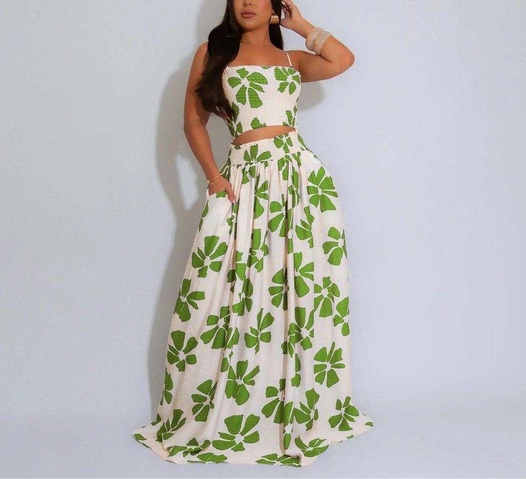 Women's Floral Strap Sleeveless Tank Top and Maxi Long Skirt