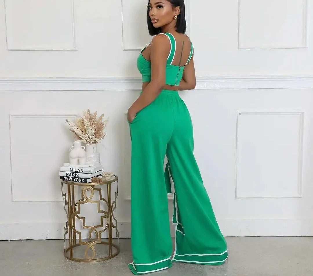 Women’s Striped Patchwork Bowknot Split Wide Pants