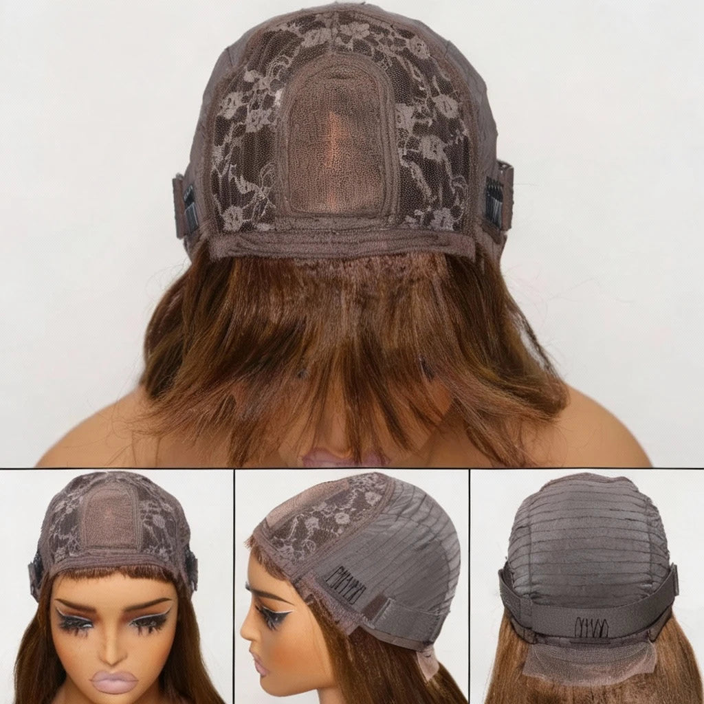 Yaki Straight Human Hair Wig With Bangs Layered Cut 4x2 Lace Glueless Wigs Human