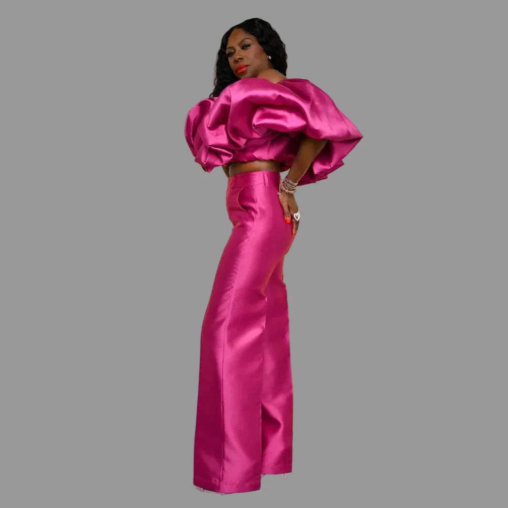 Women's Butterfly Sleeve Blouse and Wide Leg Pants Outfit