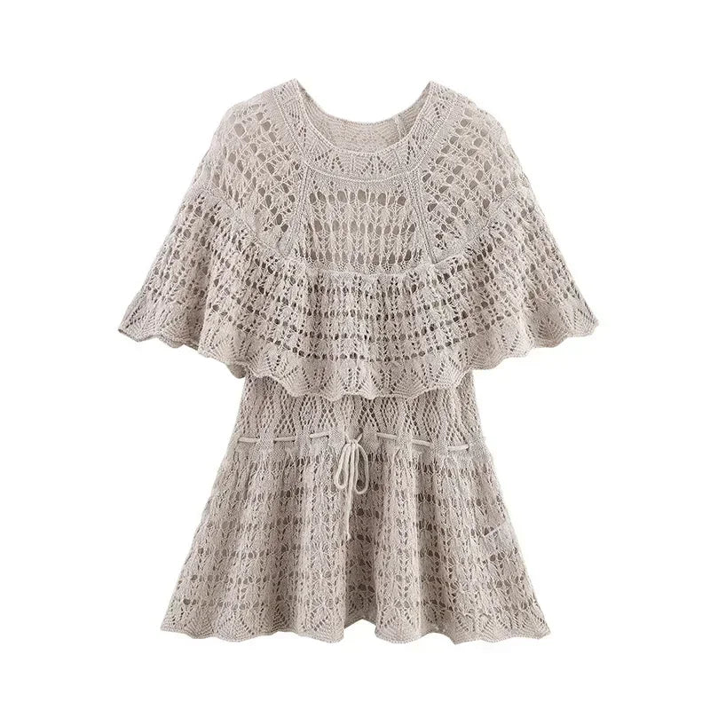 Hollow Out Loose Lace Up Pleated O-Neck Short Sleeve Blouse