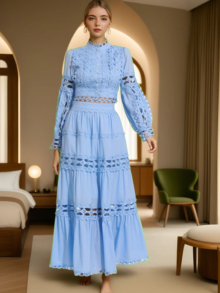 Women's Long Sleeve Lace Top and Pleated Maxi Skirt Set